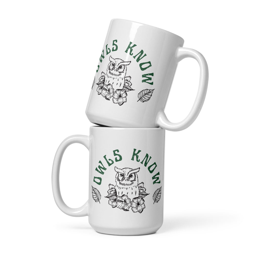 Two 15 ounce ceramic mug featuring an owl surrounded by flowers and the words "Owls Know"